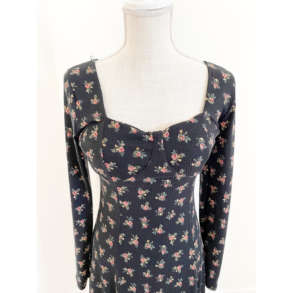 HerShe Womens Black Floral A-Line Dress Long Sleeve Midi Casual Medium